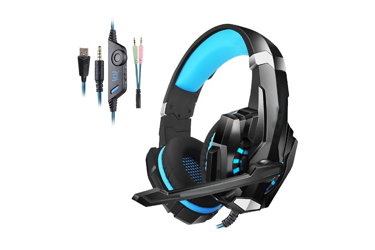 Wireless Gaming Headset Over Ear Headphones with LED Light for PC Mac Laptop Phone-Blue