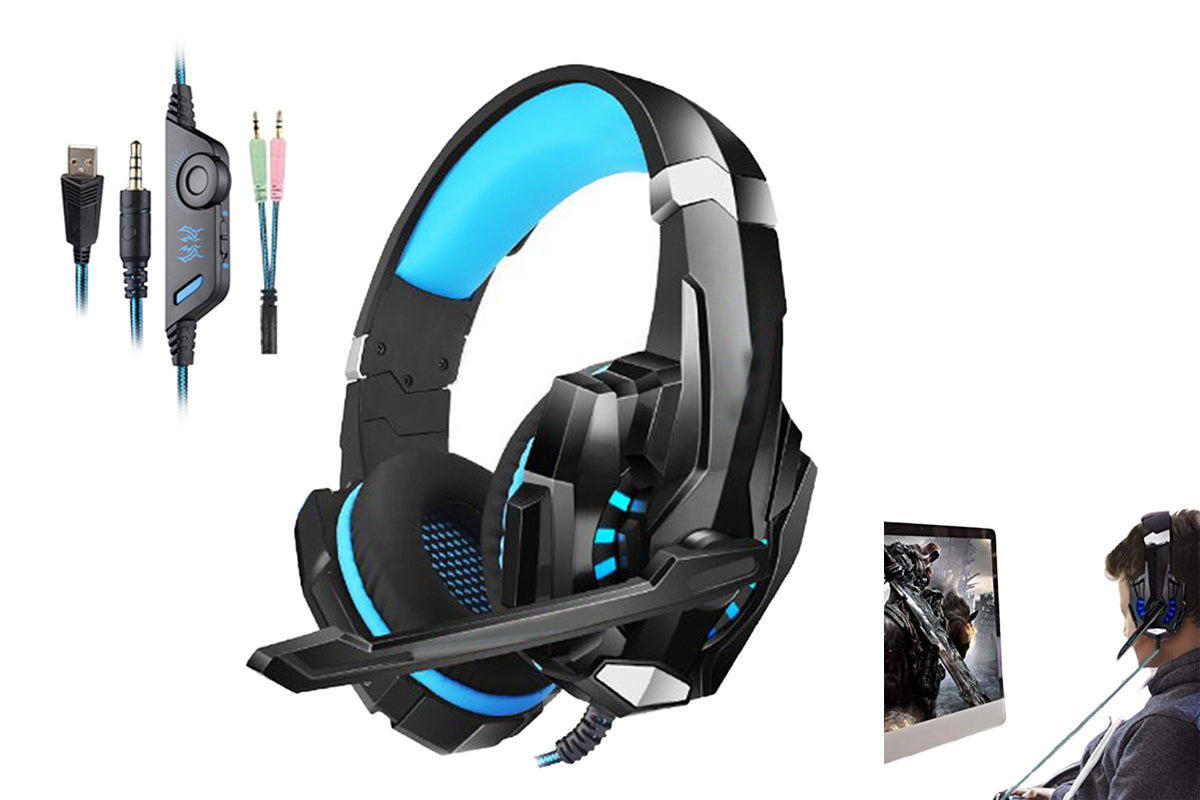 Wireless Gaming Headset Over Ear Headphones with LED Light for PC Mac Laptop Phone-Blue