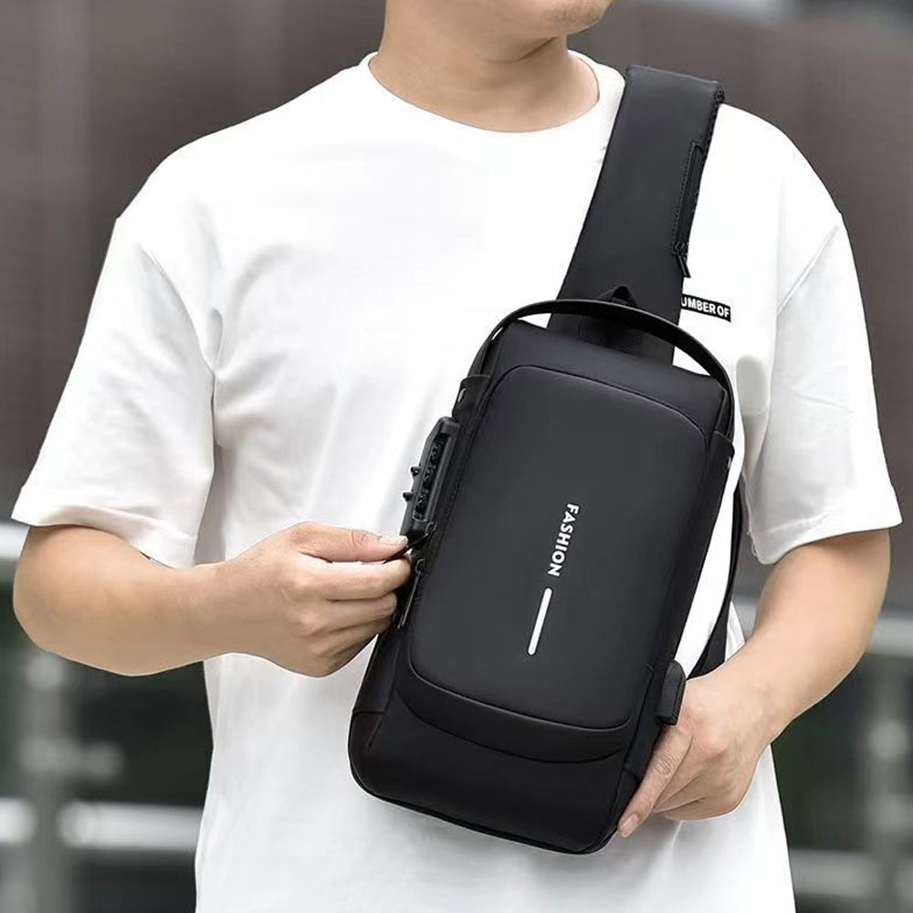 Anti theft Crossbody Sling Bag with USB Port Water-Resistant Sport Chest Bag Shoulder Bag Black