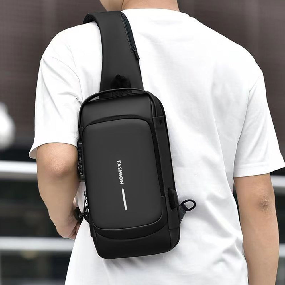 Anti theft Crossbody Sling Bag with USB Port Water-Resistant Sport Chest Bag Shoulder Bag Black