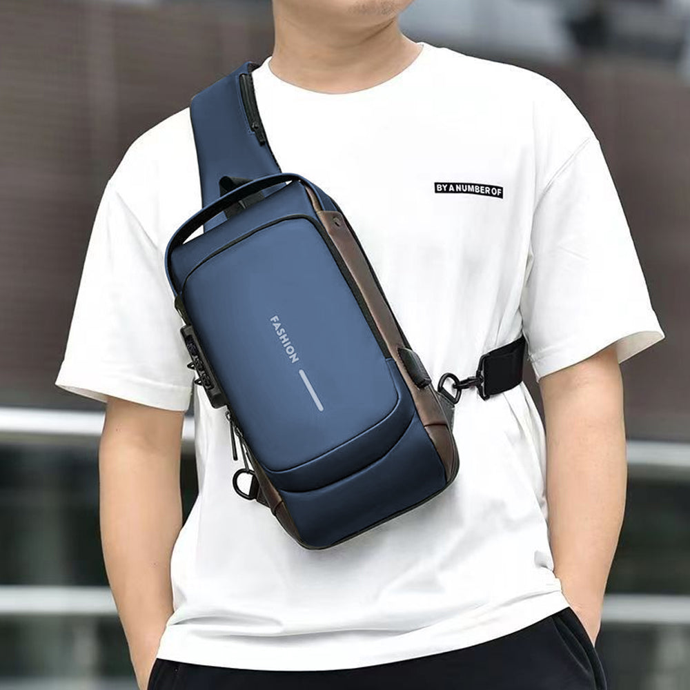 Anti theft Crossbody Sling Bag with USB Port Water-Resistant Sport Chest Bag Shoulder Bag Blue