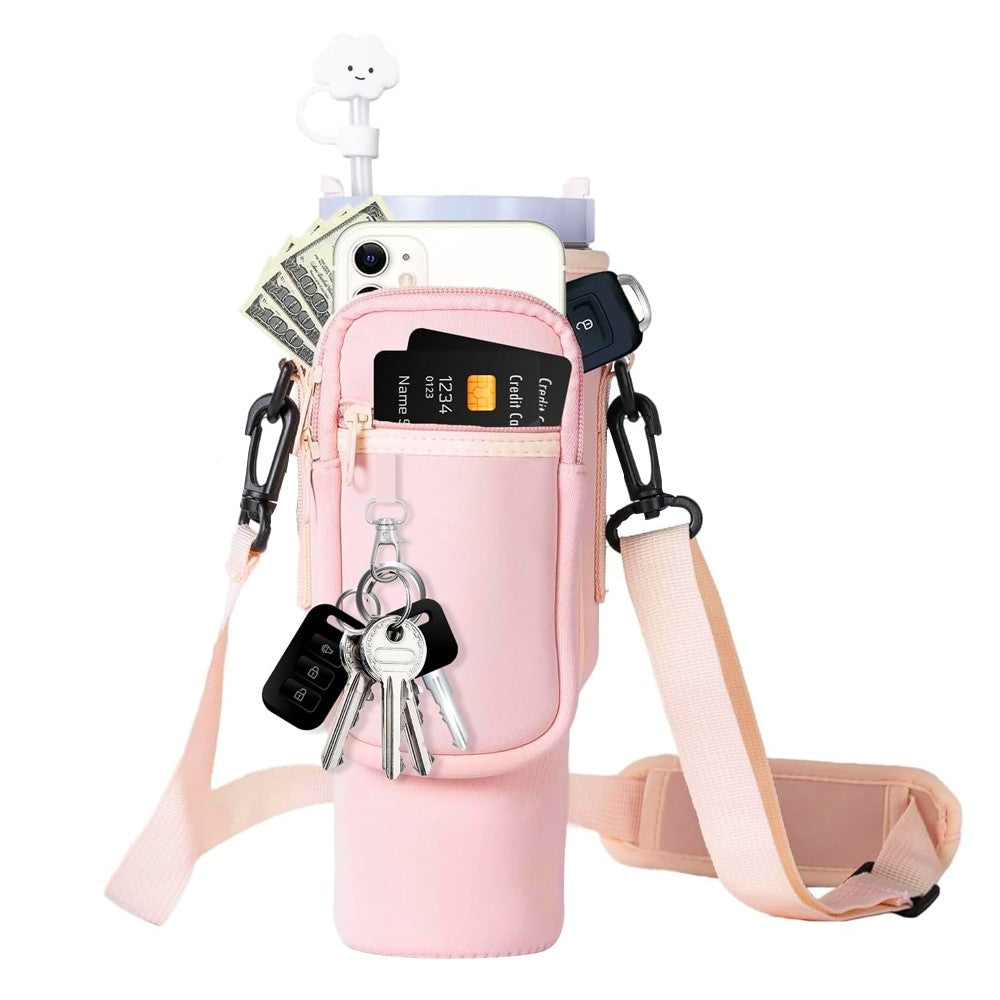 Water Bottle Carrier Bag for 40OZ Tumbler Water Bottle Holder Pouch with Phone Pocket Pink