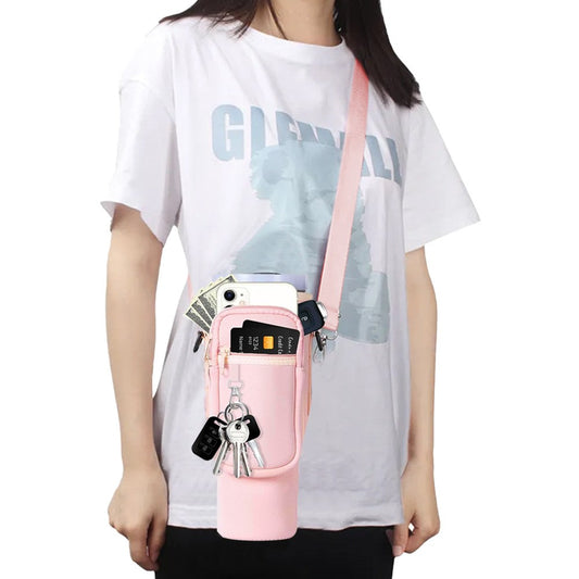 Water Bottle Carrier Bag for 40OZ Tumbler Water Bottle Holder Pouch with Phone Pocket Pink