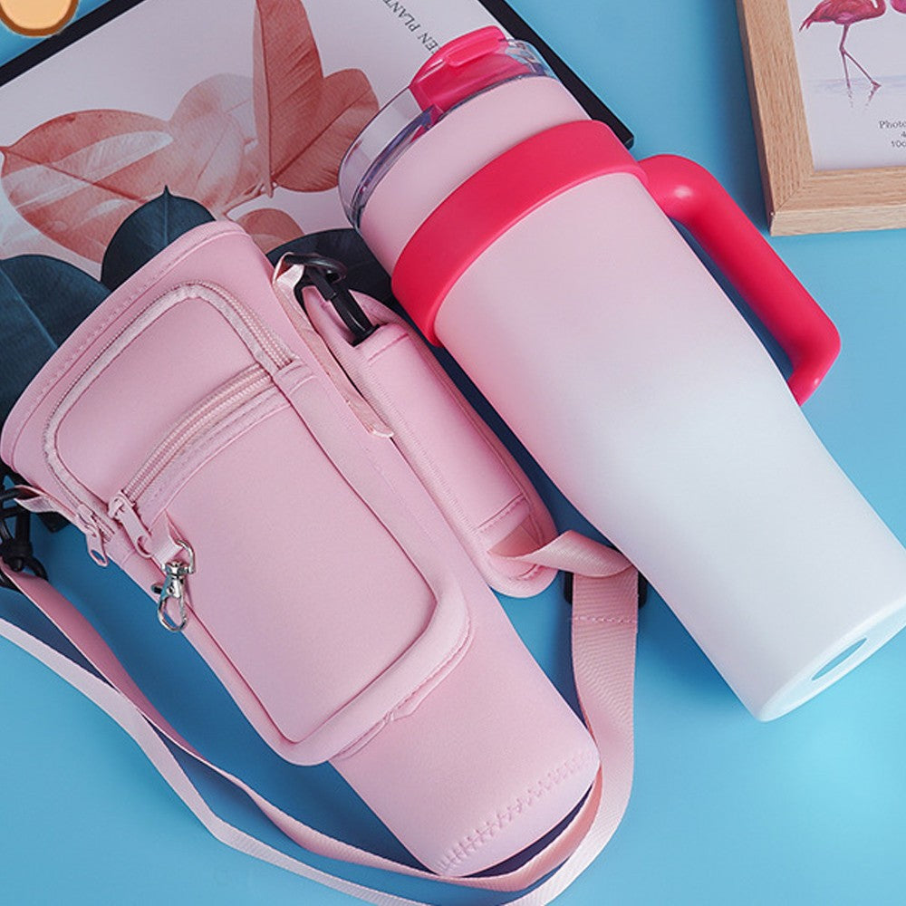 Water Bottle Carrier Bag for 40OZ Tumbler Water Bottle Holder Pouch with Phone Pocket Pink
