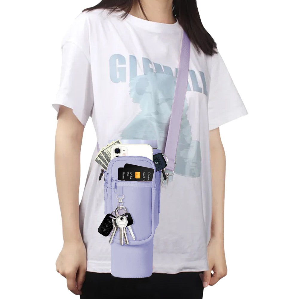 Water Bottle Carrier Bag for 40OZ Tumbler Water Bottle Holder Pouch with Phone Pocket Purple