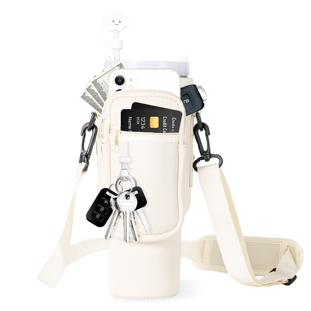 Water Bottle Carrier Bag for 40OZ Tumbler Water Bottle Holder Pouch with Phone Pocket White