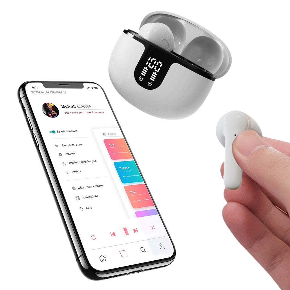 Wireless Bluetooth 5.3 Headphones In-Ear Earphones with LED Display White