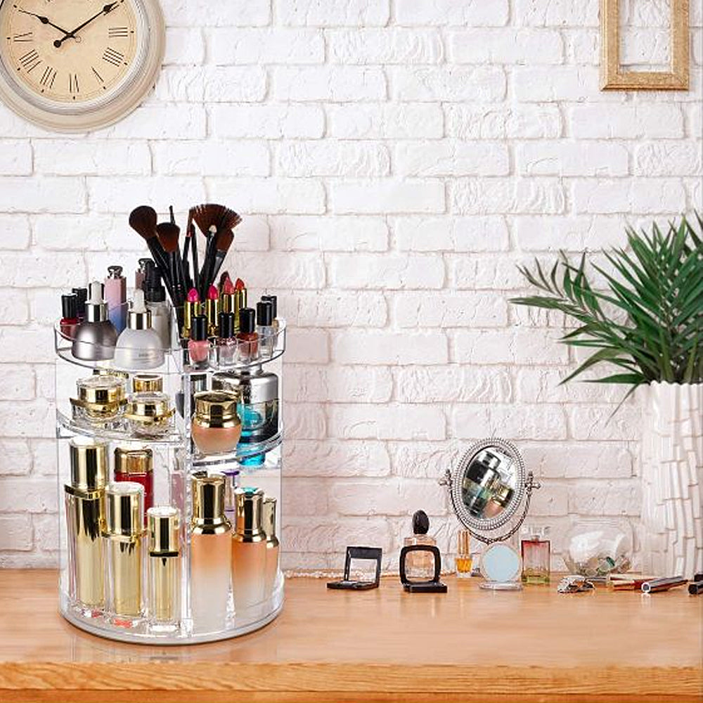 360 Degree Rotating Makeup Organizer Box Clear Adjustable Cosmetic Storage Organizer