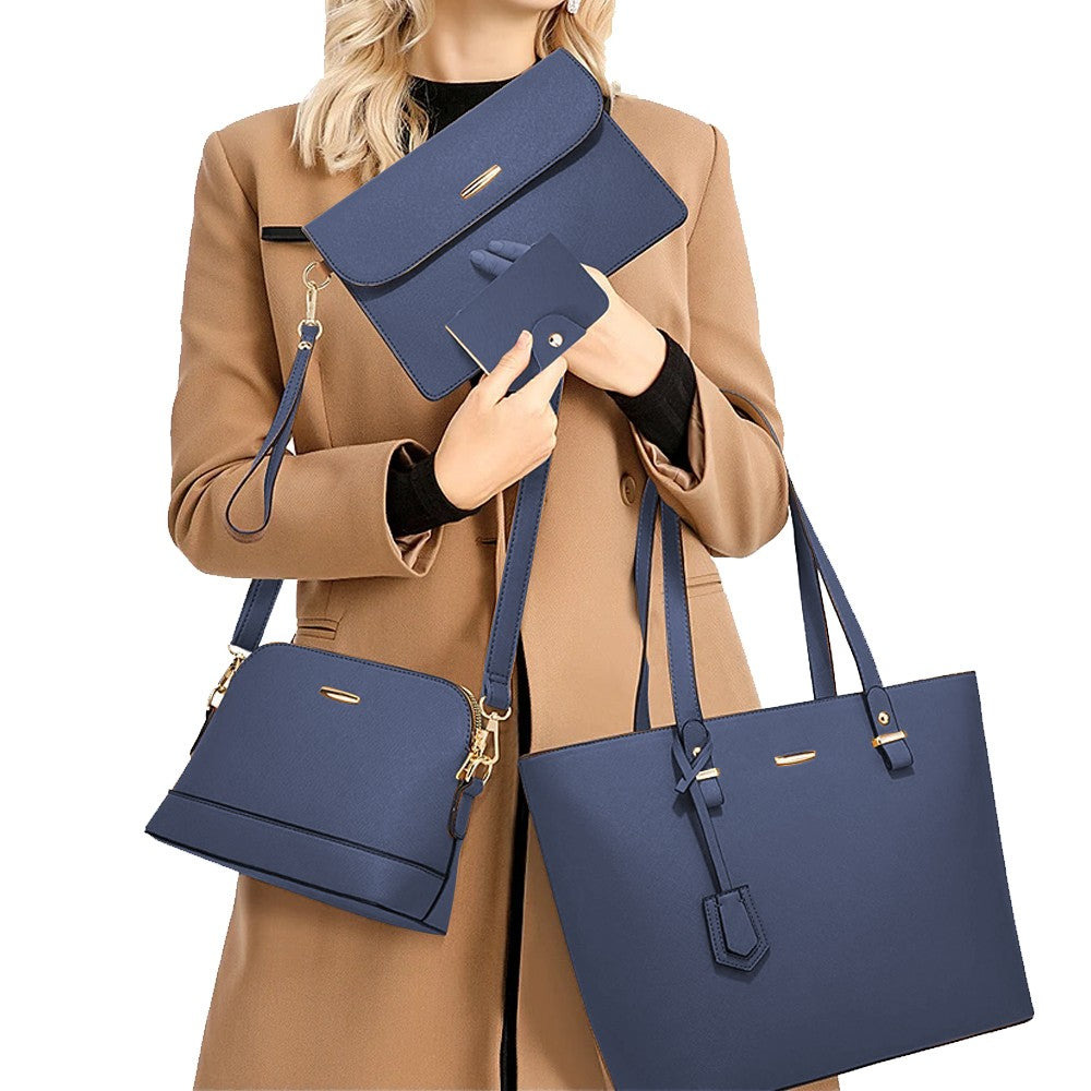 4-Piece Womens Purses and Handbags Set Tote Bag Shoulder Bag Card Holder Navy