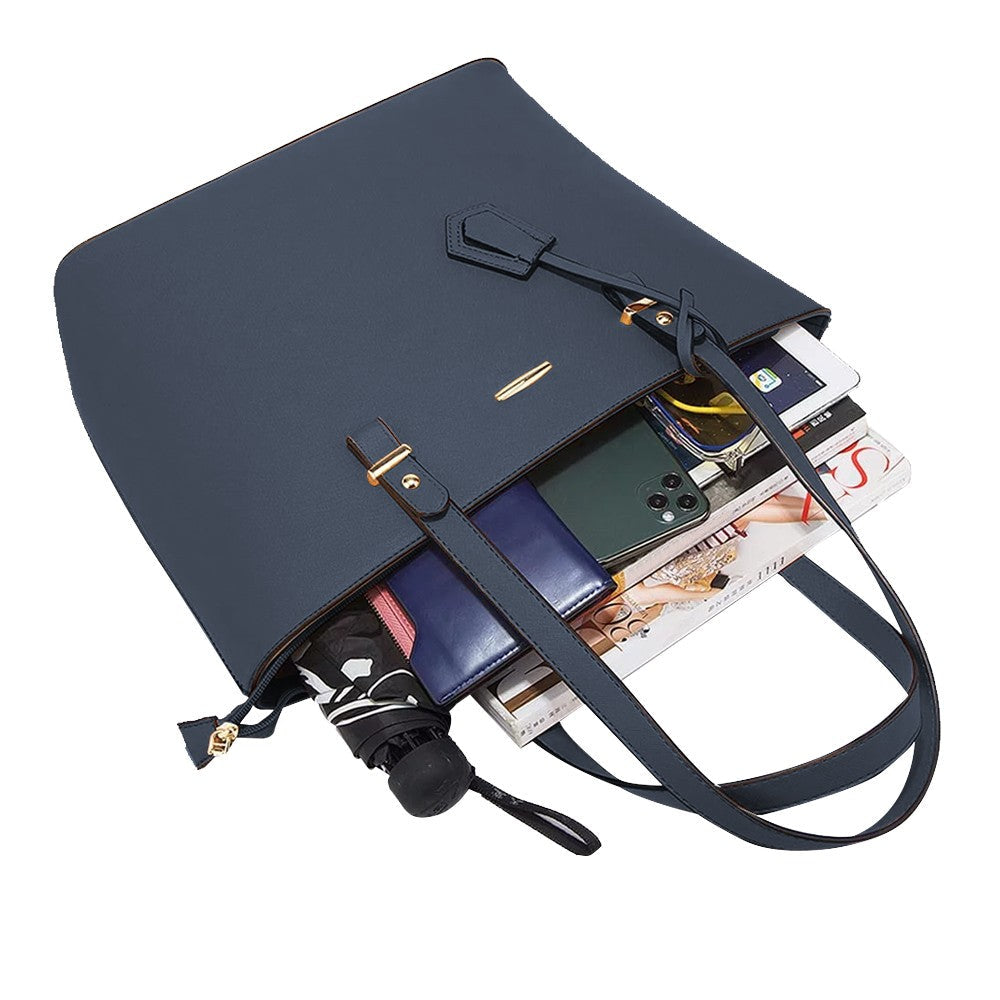 4-Piece Womens Purses and Handbags Set Tote Bag Shoulder Bag Card Holder Navy