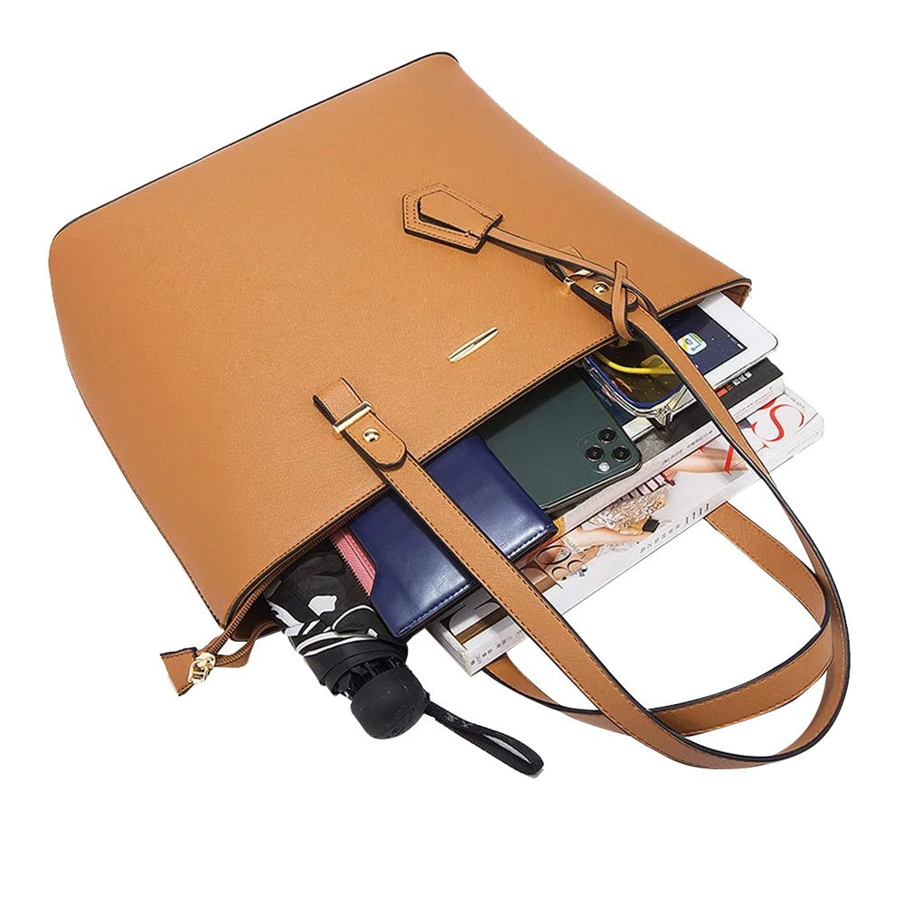 4-Piece Womens Purses and Handbags Set Tote Bag Shoulder Bag Card Holder Brown