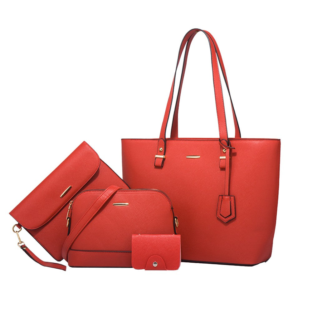 4-Piece Womens Purses and Handbags Set Tote Bag Shoulder Bag Card Holder Red