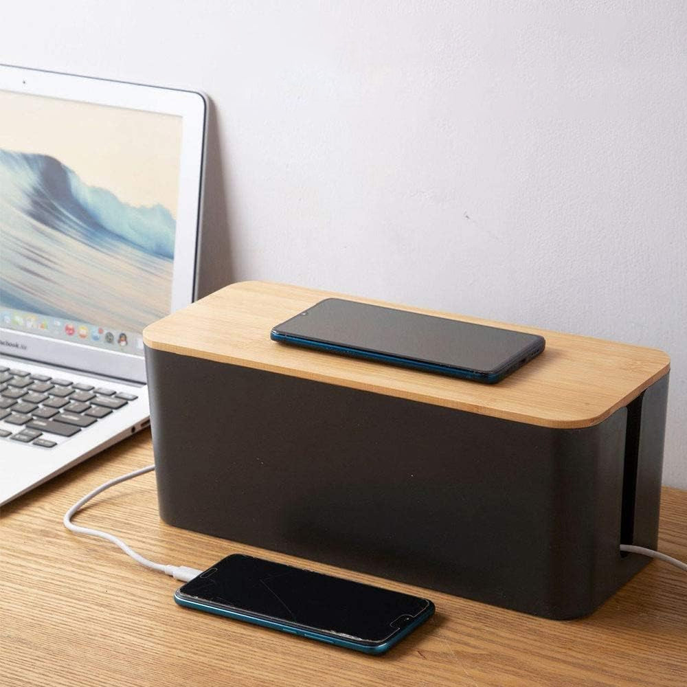Home Office Cable Management Box Socket Safety Storage Organizer with Bamboo Lid Black