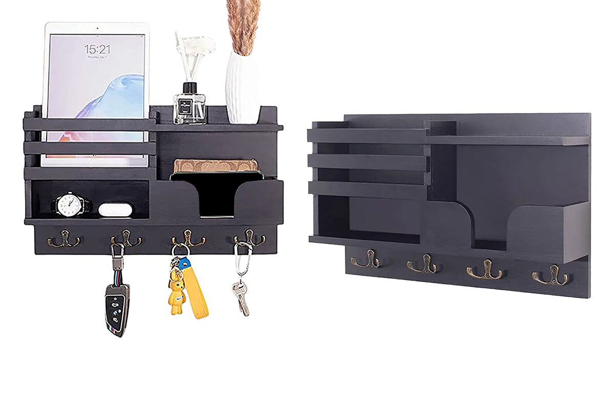 Key and Mail Holder for Wall with Shelf and 4 Hooks Mail Sorter Organizer-Black