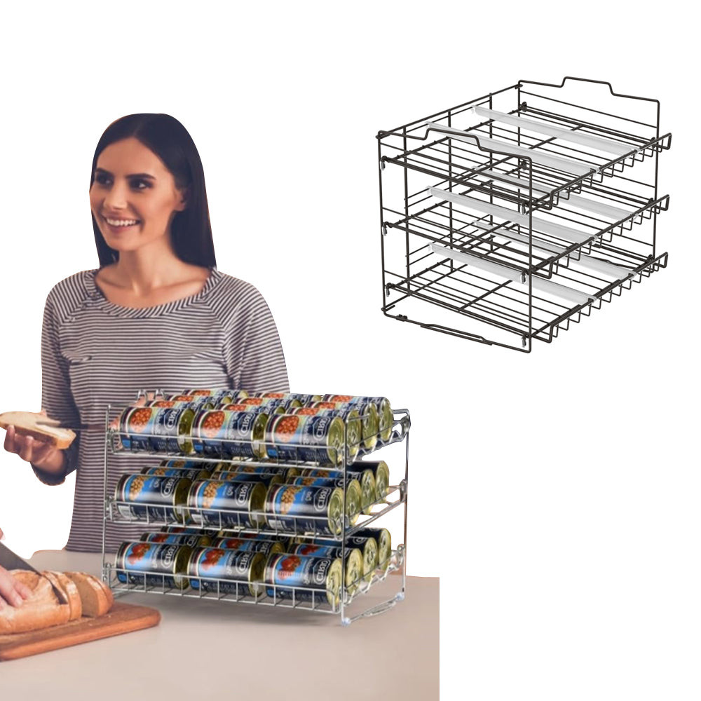 3-Tier Stackable Can Rack Organizer Kitchen Can Storage Dispenser Black