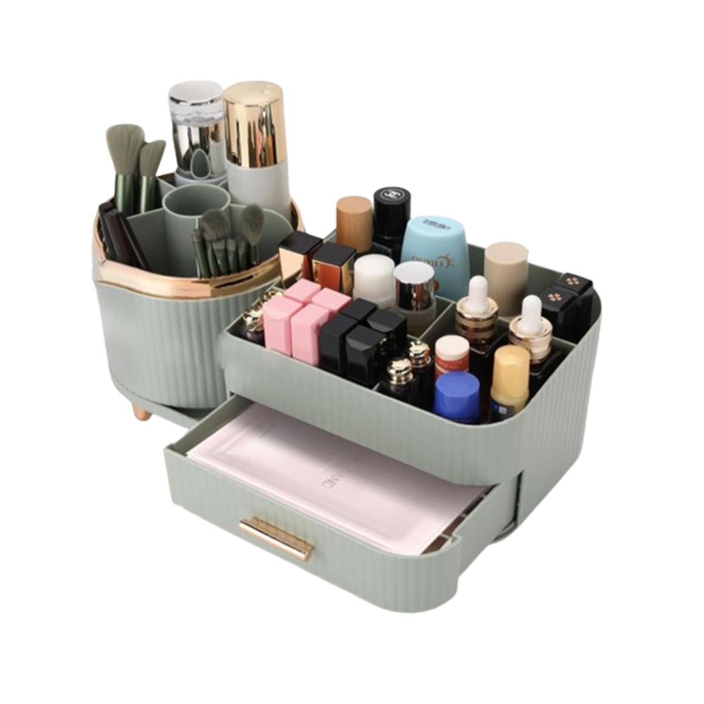 Rotating Makeup Organizer for Vanity with Brush Holder and Drawer Spinning Cosmetic Storage Case Green