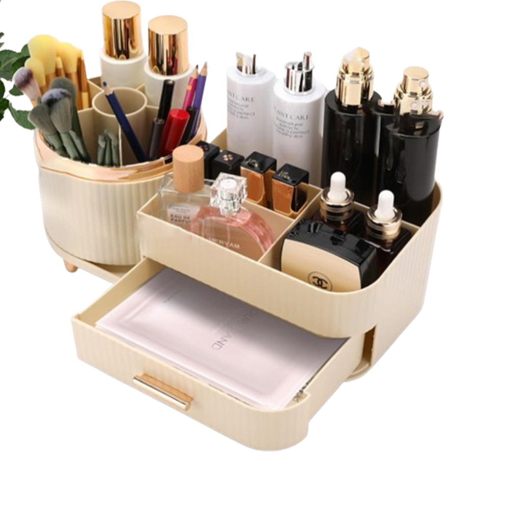 Rotating Makeup Organizer for Vanity with Brush Holder and Drawer Spinning Cosmetic Storage Case Beige