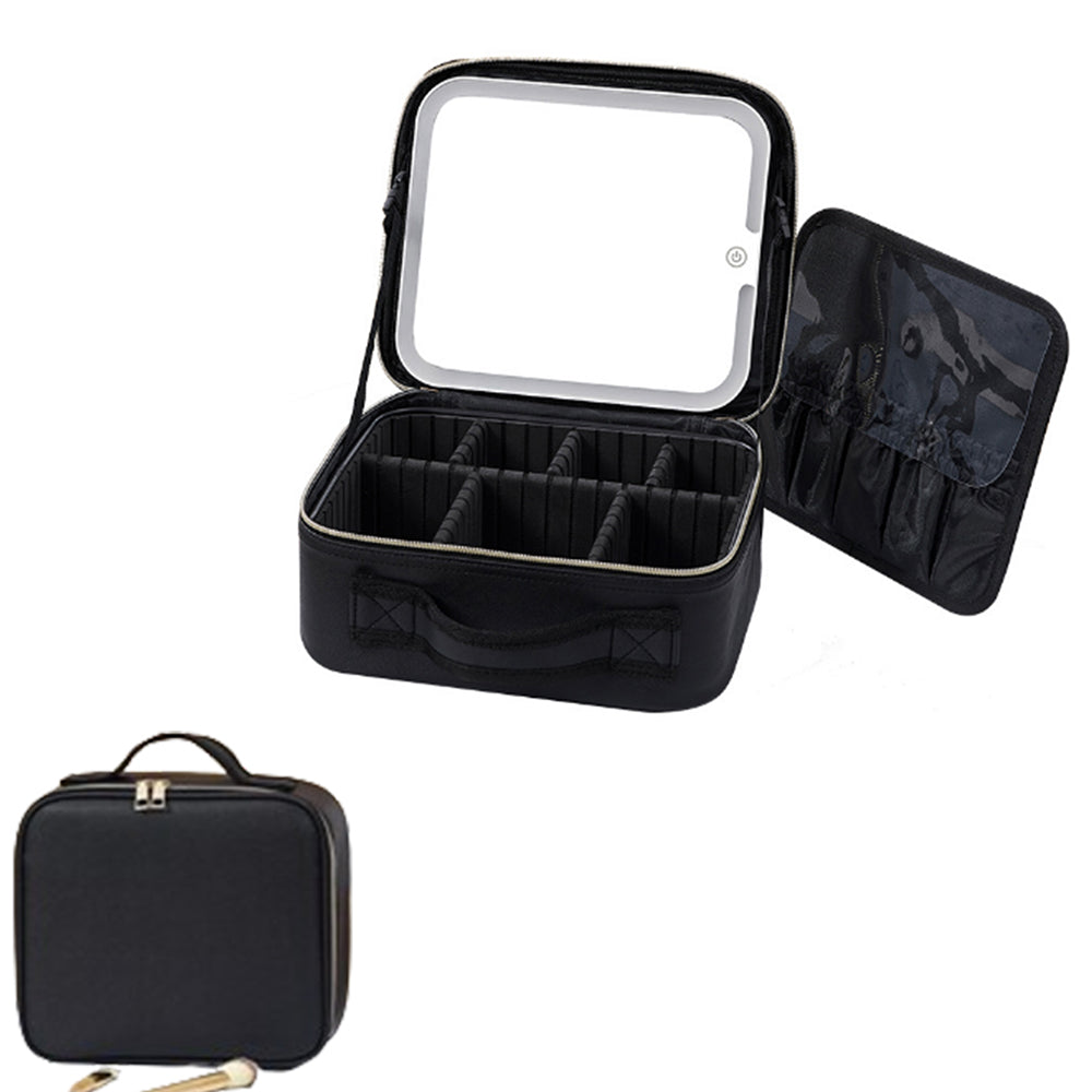 Travel Makeup Bag with Lighted Mirror Cosmetic Train Case with Adjustable Dividers Black