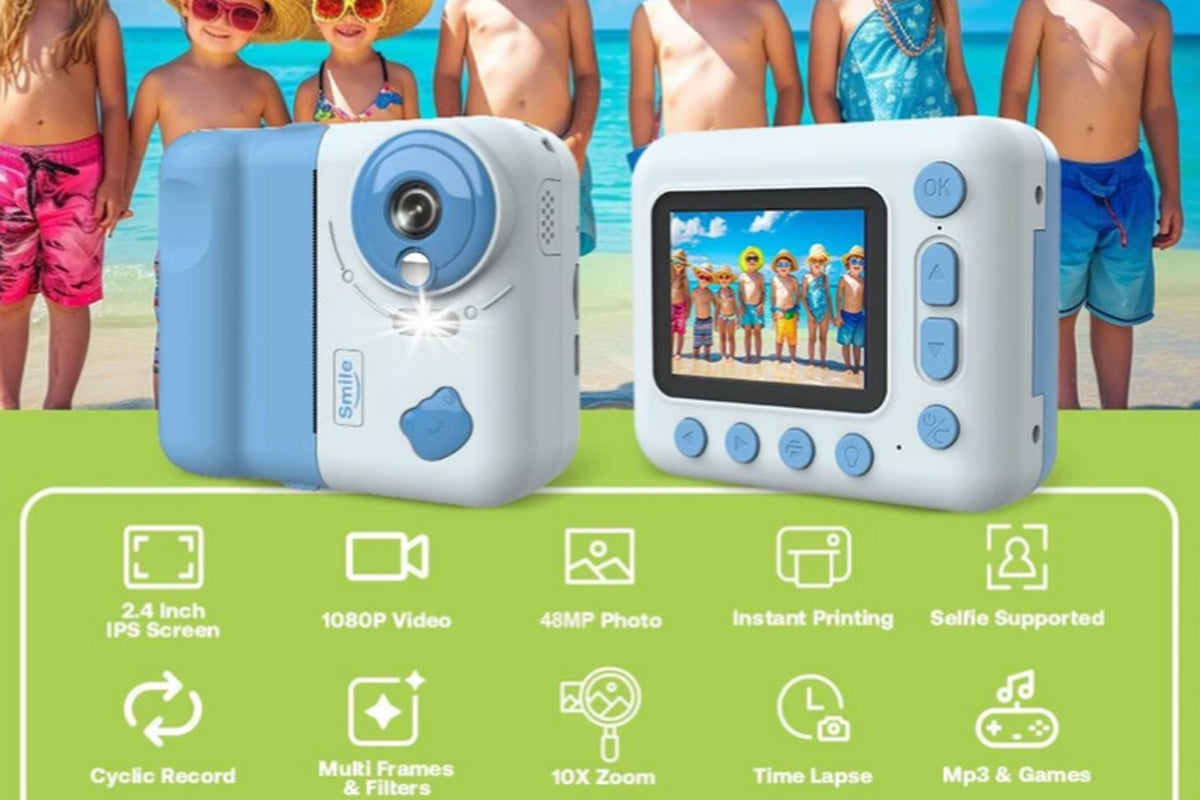 1080P Instant Print Camera 2.4 Inch IPS Screen with Thermal Printing Paper 32GB TF Card Digital Children Toy Camera-Blue