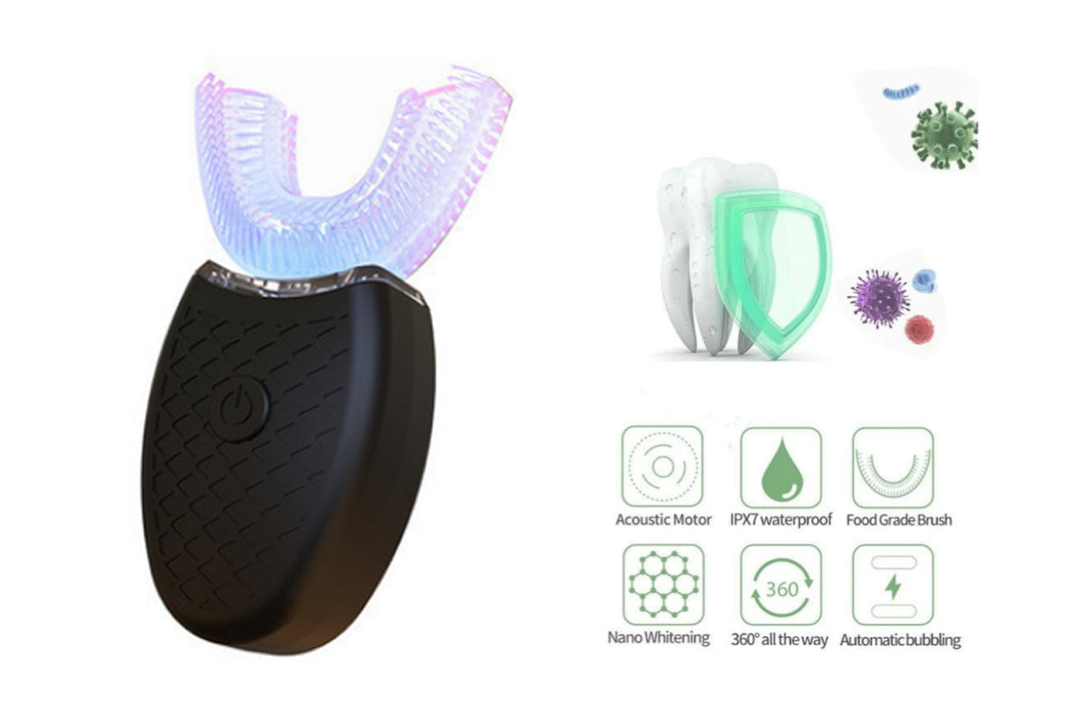 Ultrasonic Automatic Toothbrush Electric Teeth Whitening U-Shaped Brush-Black