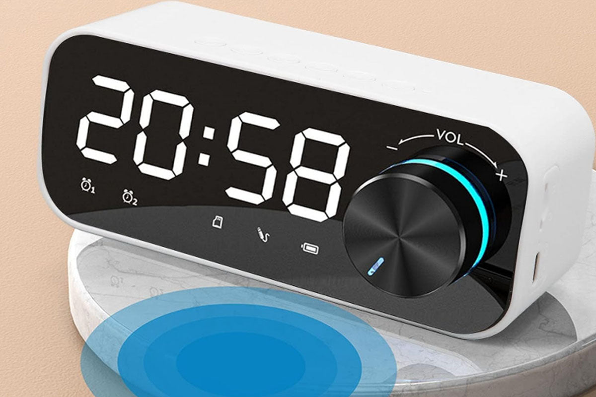 Portable Bluetooth Speaker Alarm Clock with Digital LED Display Smart Mirror Bluetooth Speaker Subwoofer Stereo Mini Clock-White