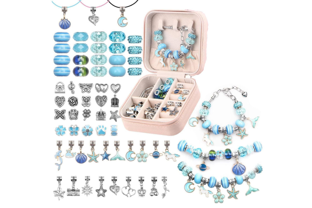 66Pcs Charm Bracelet Making Kit Unicorns Beads Jewelry Girls Arts Crafts Gifts Set-Blue