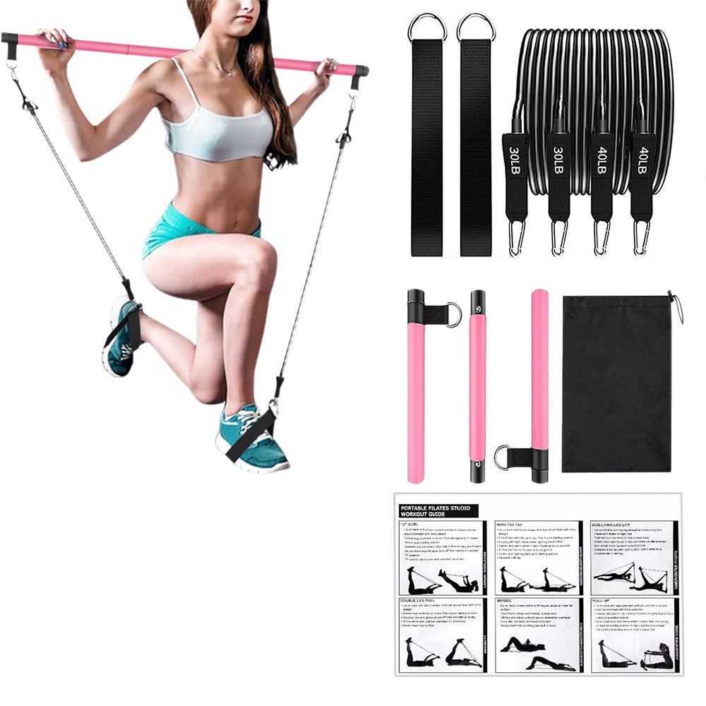 Multifunctional Pilates Bar Kit with Resistance Bands Portable Home Gym Core Strength Training Exercise Accessories Pink