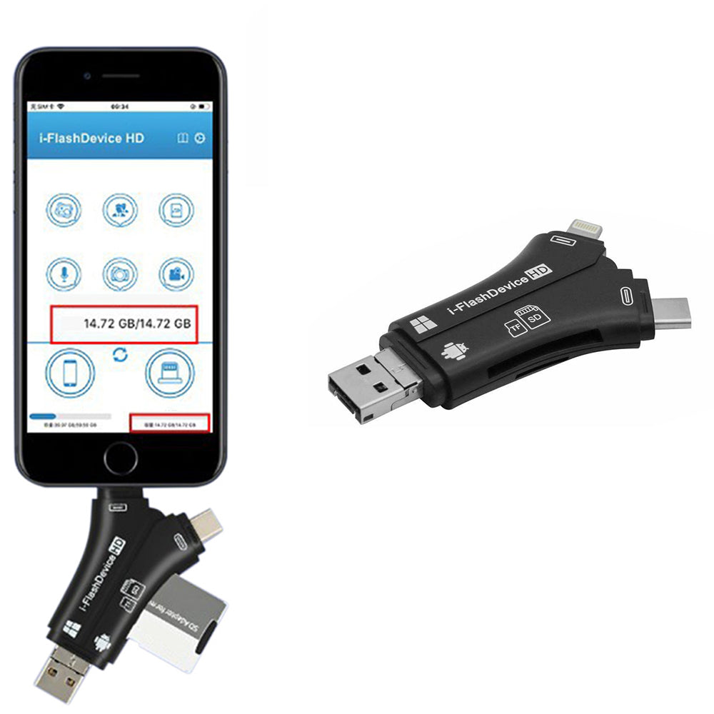 4-in-1 Multi-Port Memory Card Reader �USB, USB-C, Micro USB, SD/TF Card Slots and iOS Charging Port Adapter