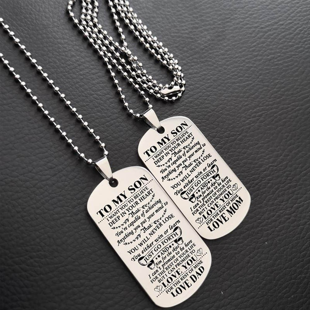 2Pcs Dad Mom to Son Inspirational Message Pendant Necklace Dog Tag Necklace