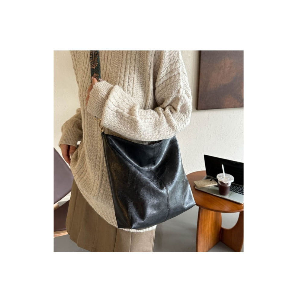 PU Leather High-Capacity Shoulder Sling Bag with Simple Adjustable Wide Strap-Black