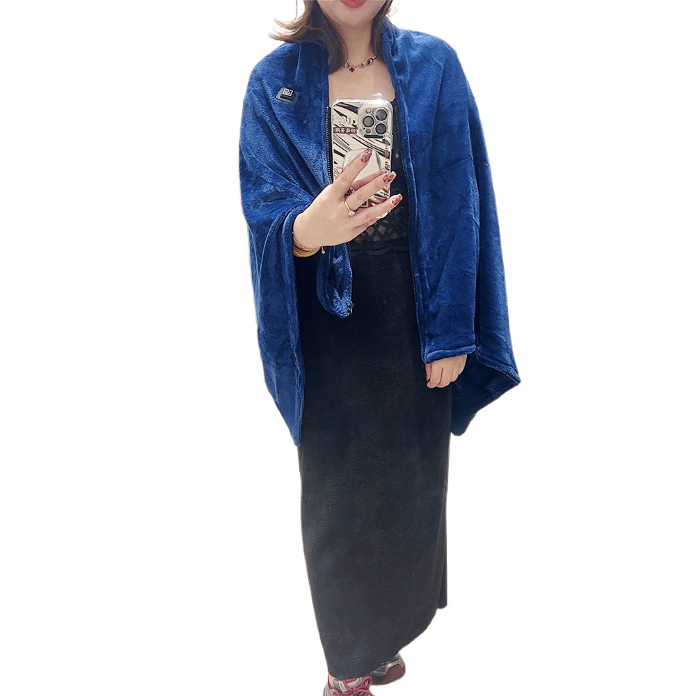 Portable Heated Blanket USB Charging Plush Warm Shawl Wearable for Home Office -Blue