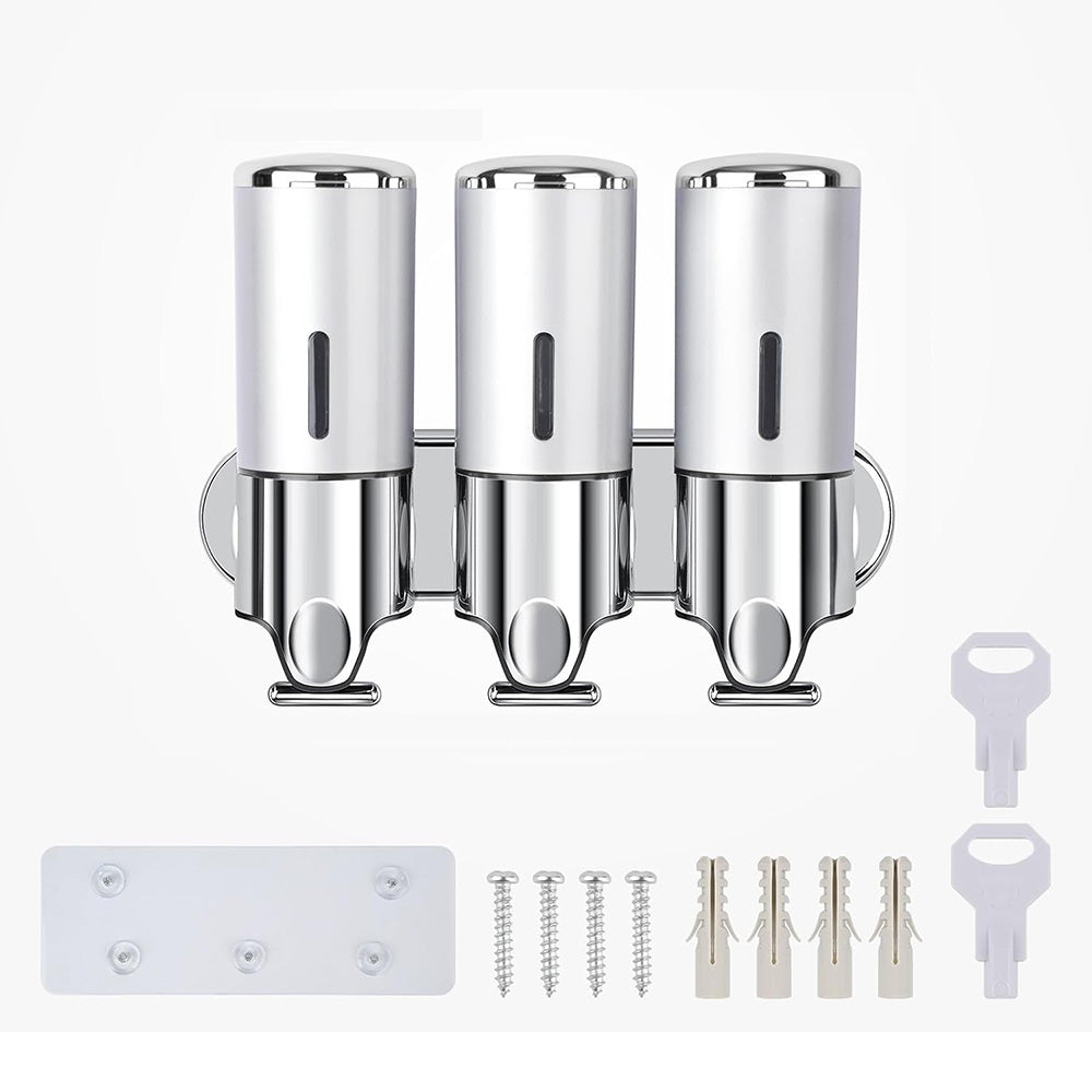 3-Chamber Shower Soap Dispenser Wall-Mounted Shampoo and Conditioner Dispenser with Visible Window Silver
