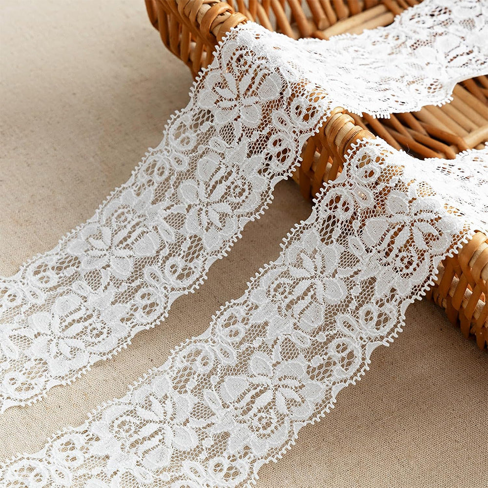 10 Yards Elastic Floral Lace Trim Stretch Ribbon for Sewing and DIY Crafts - White