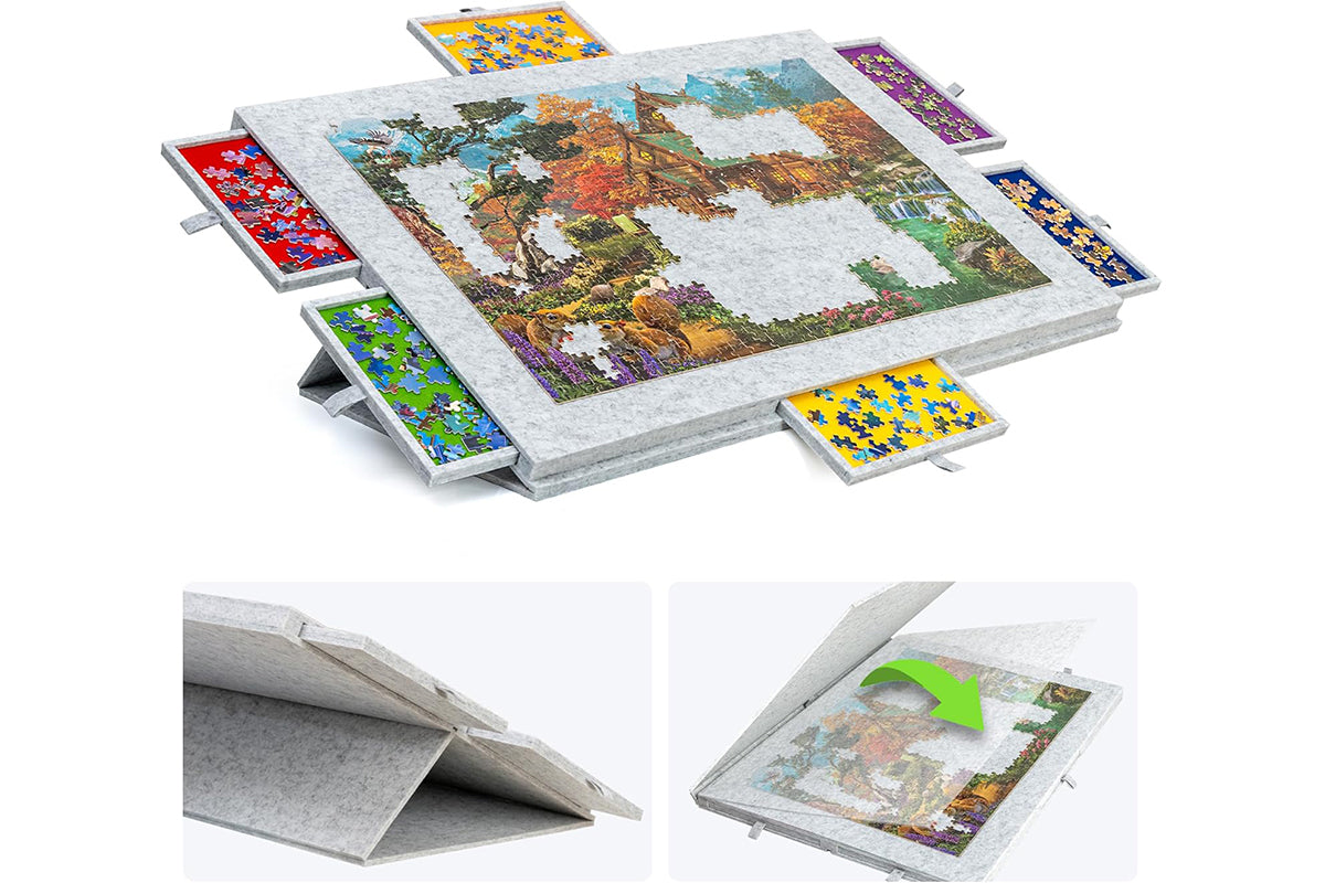 Puzzle Board with 6 Sliding Drawers Foldable Felt Puzzle Table Up to 1000 Pieces-Light Grey