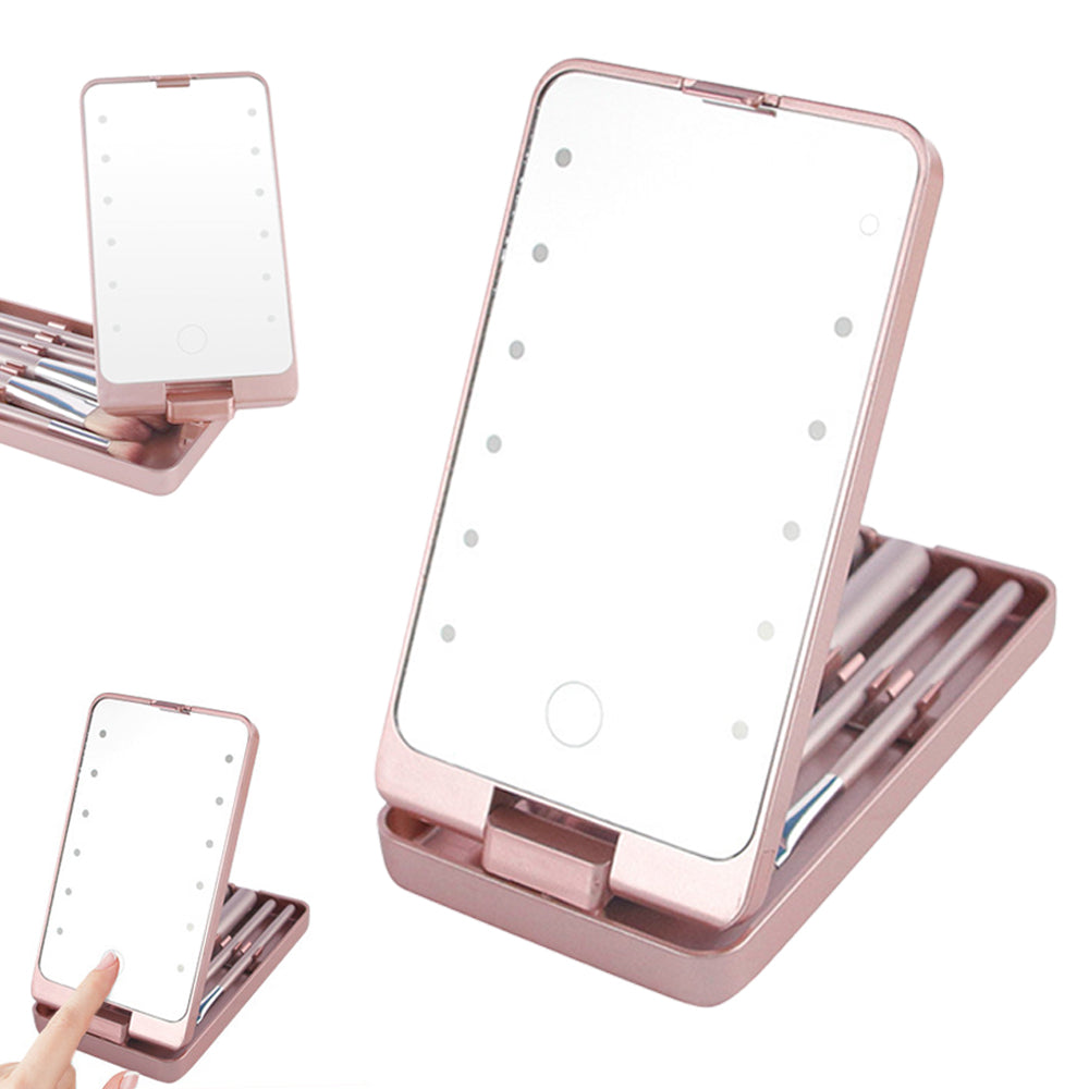 Rotating LED Vanity Mirror with 5 Cosmetic Brushes Portable Travel Makeup Mirror with Light Pink