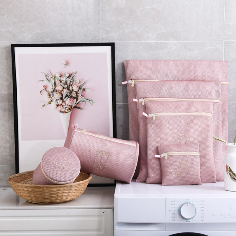 6Pcs Set Mesh Washing Bags Laundry Bags Clothes Wash Bags Pink