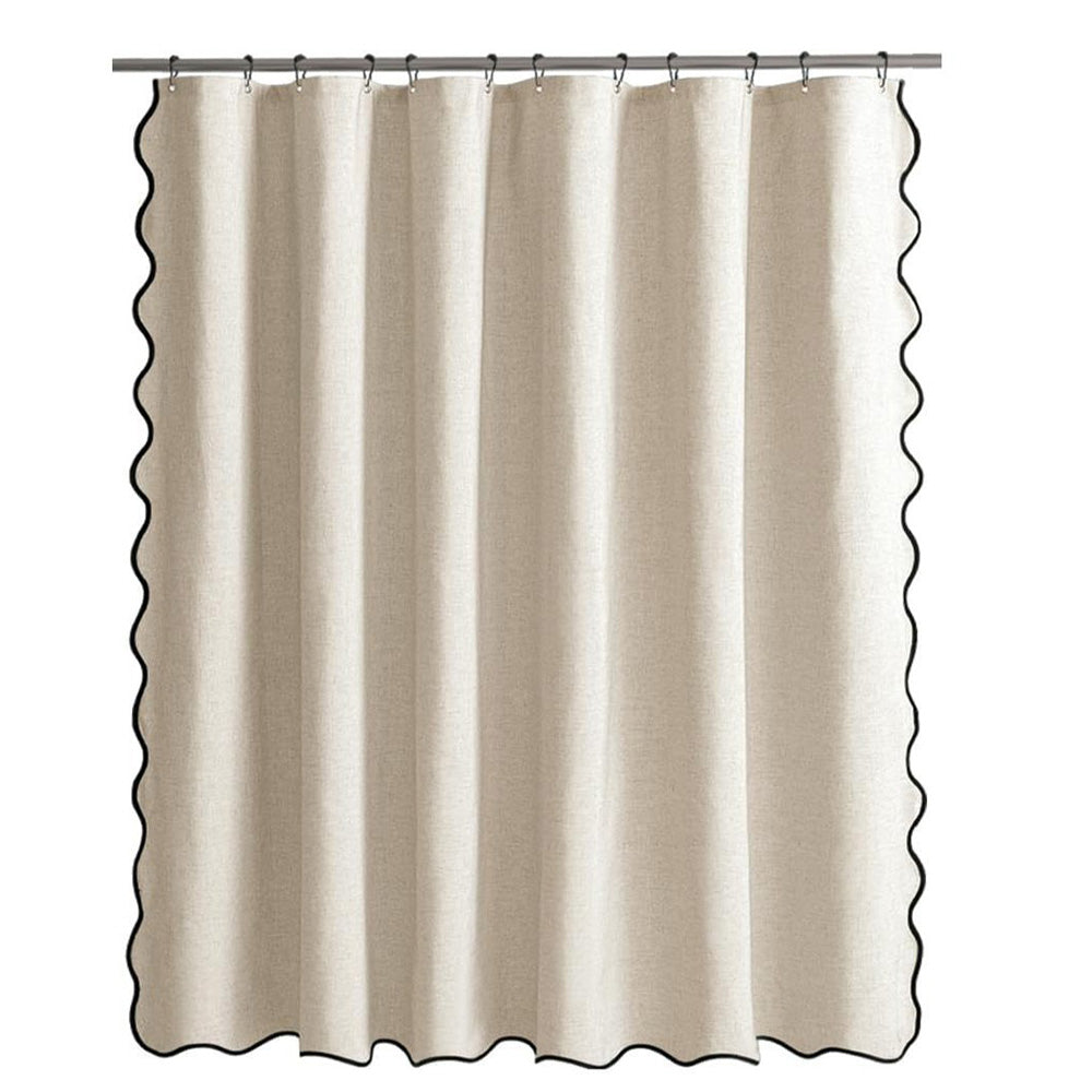 Waterproof Shower Curtain Thick Boho Wavy Edge With Rustproof Hooks-Beige