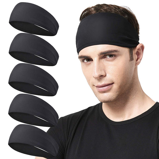 5 pcs Sports Headbands for Men Women Moisture Wicking Workout Headband-Black