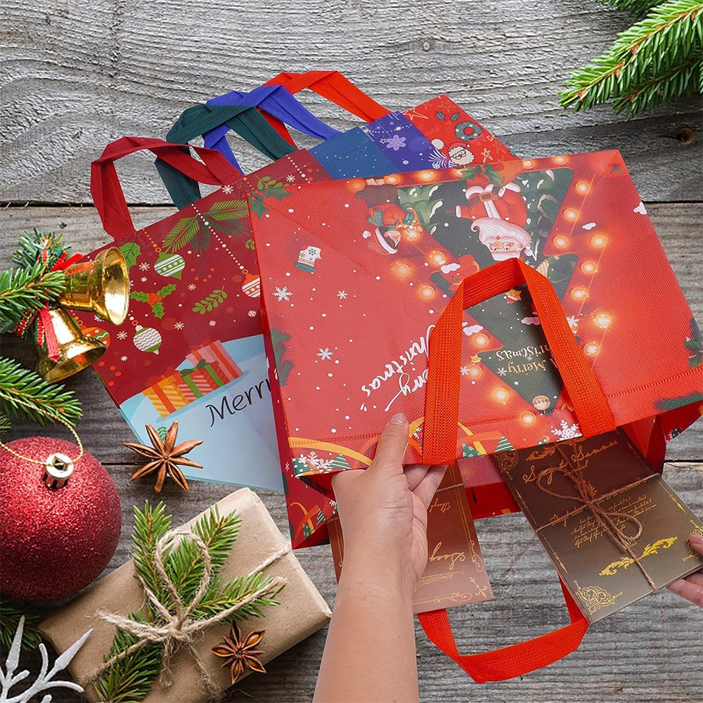 12 Pieces Christmas Non Woven Gift Bags Reusable Xmas Tote Bags