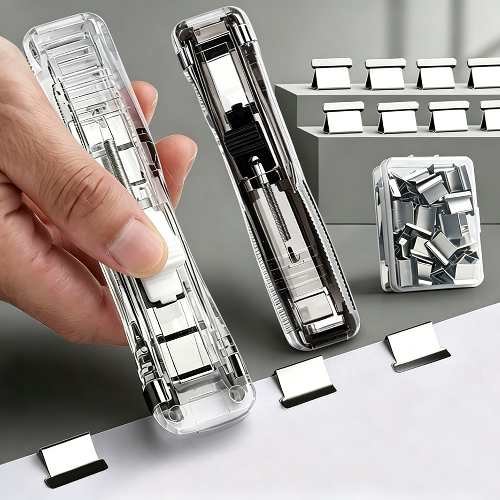 2Pcs Portable Clip Stapler with 100 Reusable Clips Push Style Paper Clamp for Office School Home