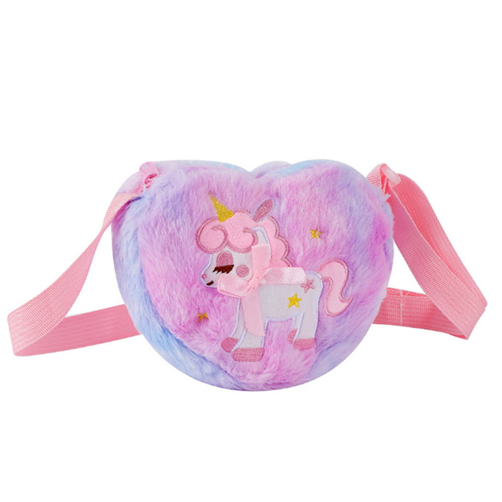 Cute Plush Unicorn Crossbody Bag Heart Shape Zipper Shoulder Bag for Girls Light Purple