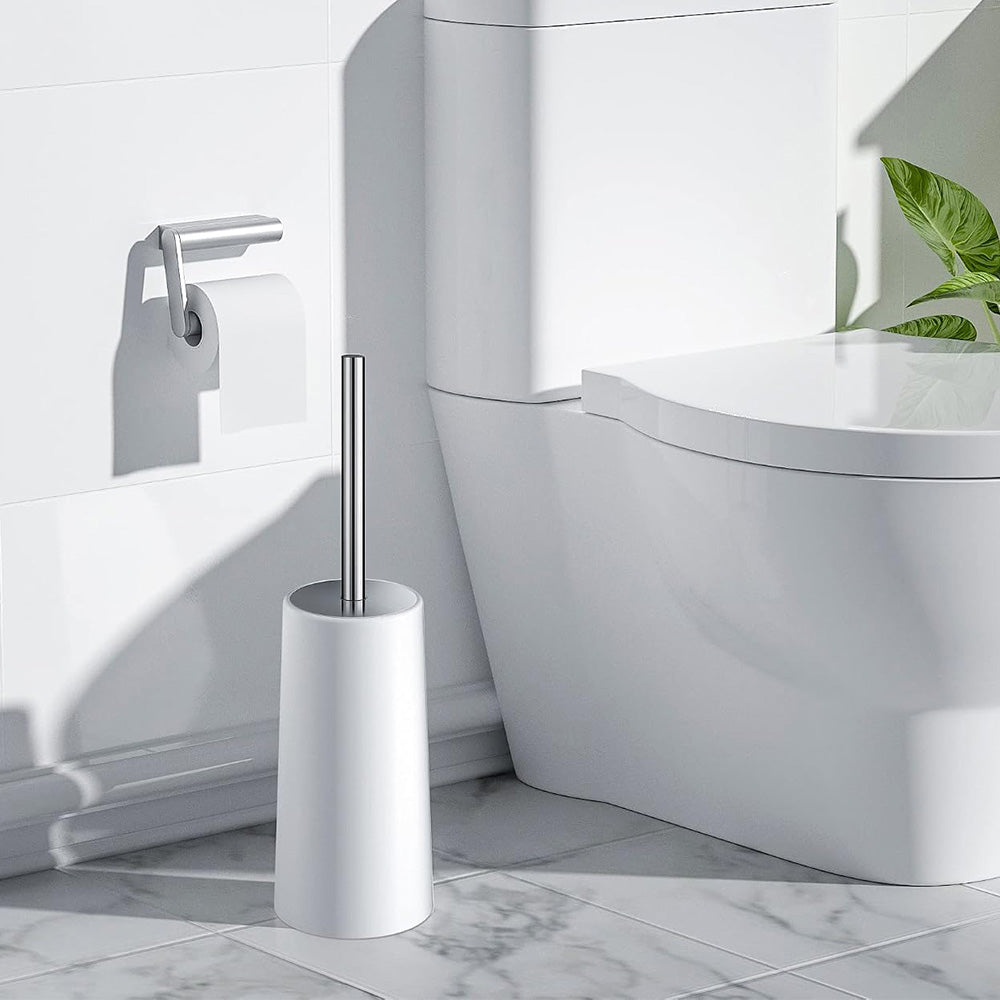 2 Pack Toilet Brush Set with Stainless Steel Handle and Holder - White