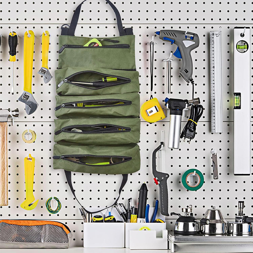 Roll Up Tool Bag Water Resistant Tool Organizer Zipper Pouch for Electricians Repairman Green
