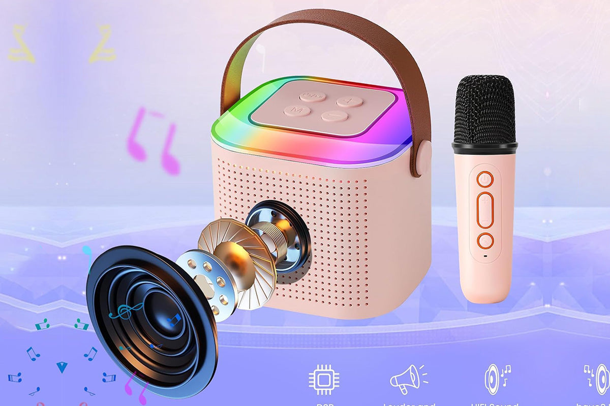 Bluetooth Mini Karaoke Machine Karaoke Speaker with 2 Wireless Microphones and Party Lights for Family Birthday Gifts -Pink