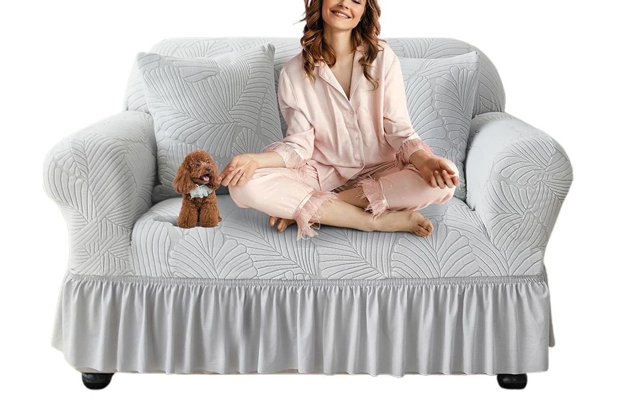 Sofa Cover with Skirt Stretch Sofa Slipcover Non-Slip Soft Couch Cover -Light Grey