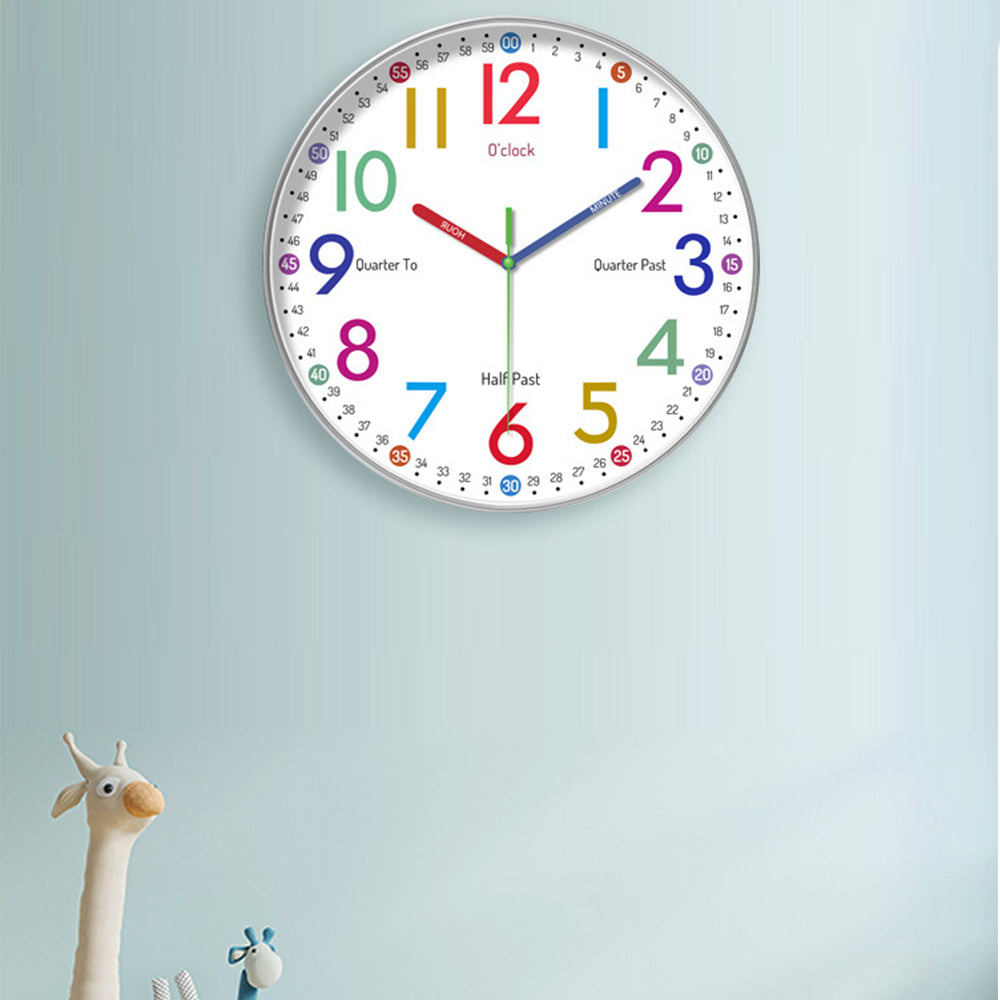 12-Inch Learning Wall Clock for Kids Silent Clock Battery Operated Colorful Teaching Time Clock Style 1