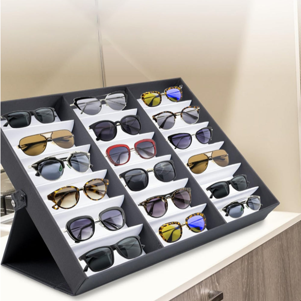 18-Slot Sunglasses Organizer Box Eyewear Display Tray Snap Close Nylon Eye Glasses Case