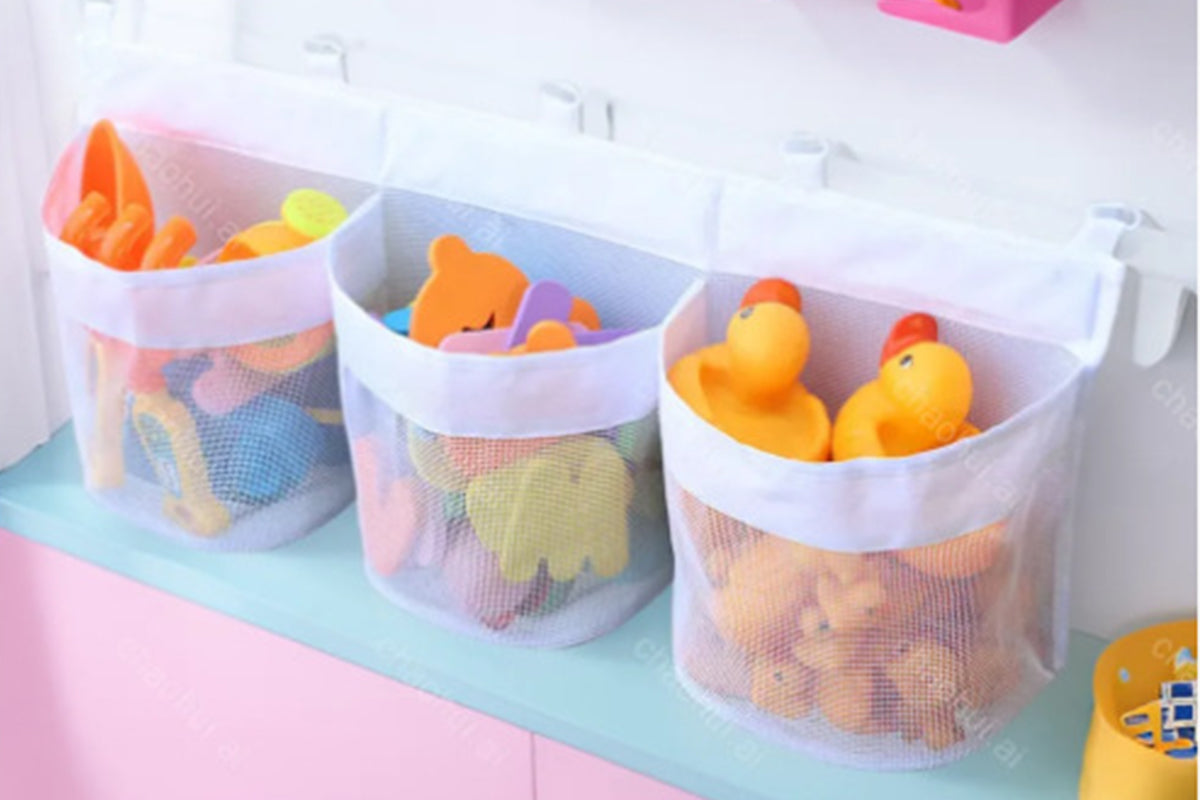 3 Compartment Horizontal Large Openings Bath Toy Organizer Hanging Mesh Shower Organizer