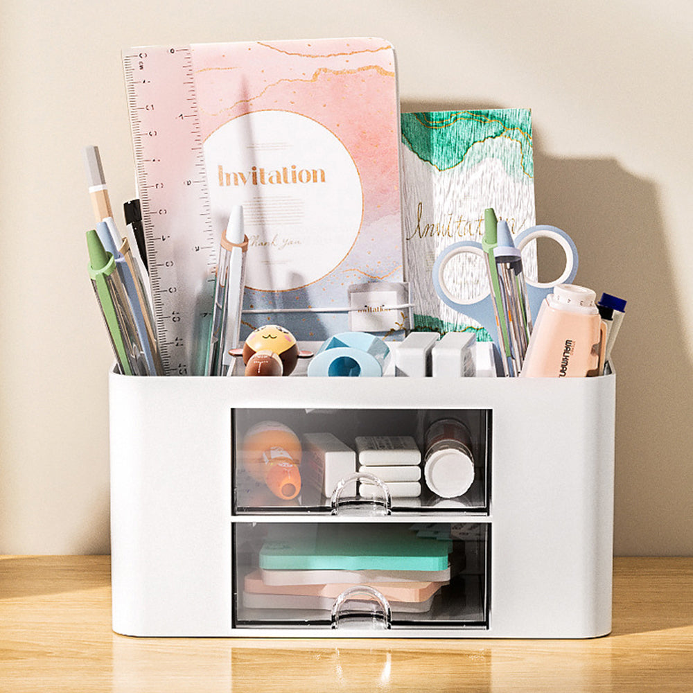 Multi-Functional Pen Organizer with 2 Drawer Office Art Supplies Holder for Desk White