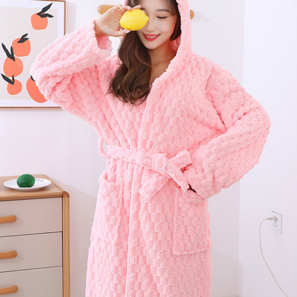 Women Bathrobe Long Winter Warm Wearable Bathrobe Pink